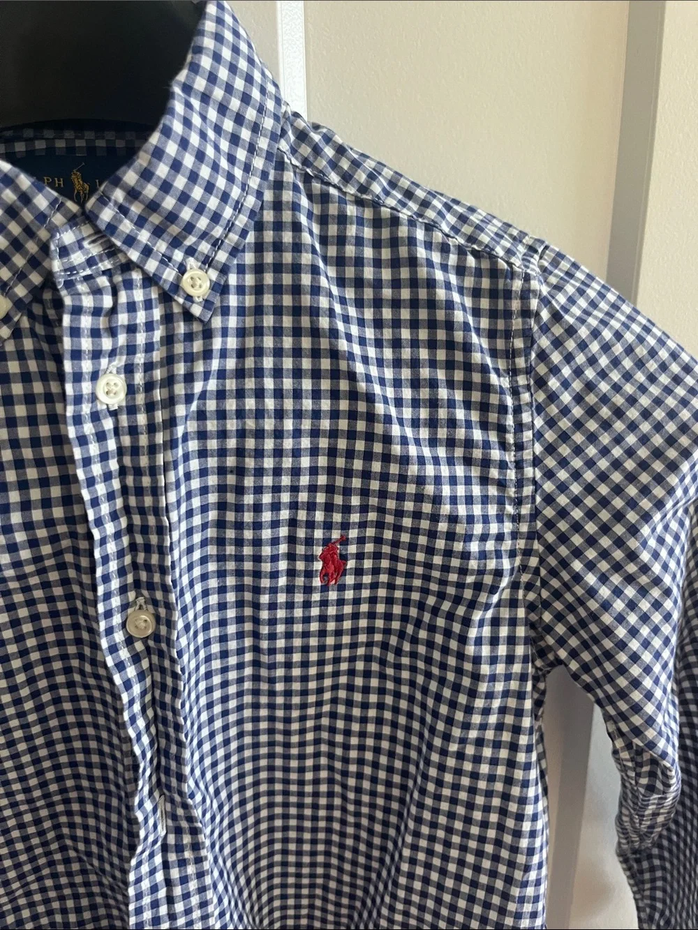 Ralph Lauren Navy and White Gingham Button-Down Shirt with Red Logo